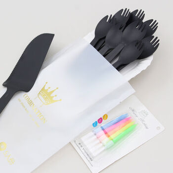 Sailoto birthday fork plate candle paper plate colorful fork and spoon set combination four-in-one fork and plate tableware 10 black forks 10 long plate black candle 100 sets