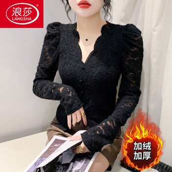 Langsha (langsha) large size velvet thickened lace bottoming shirt for women fat mm autumn and winter v-neck fashionable inner mesh long-sleeved t-shirt top black velvet thickened xl recommended 120-140 pounds