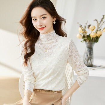 Hangyige hollow lace bottoming shirt, autumn and winter, western style, slimming, discreet, high collar, fashionable inner long-sleeved shirt, off-white m (85-100)