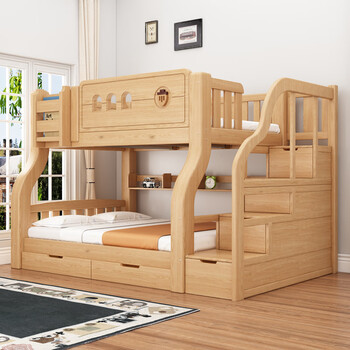 Solid wood mother and child bed, high and low bed, bunk bed, small apartment, two-story bed, mother and child bed, children's bunk bed, student bed, cabinet ladder - double drawers - 5cm brown mat - installation, upper bed width 115, lower bed width 135 (comes with bookshelf)