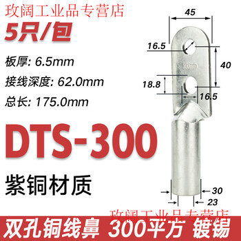 Double hole copper nose dts25/50/70/95/150/240/300 square cable copper connector double hole copper wire nose tinned dts-300 (5 pieces/pack)