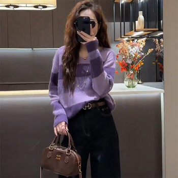 Ac-aichen international big brand contrast color striped sweater women's 2025 spring and autumn new style fashionable round neck sweater purple upper purple m 95-105 jin