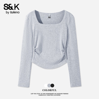 Baleno s&k series long-sleeved t-shirt for women spring and autumn new slim fit fashionable loose versatile bottoming shirt top 9.2 hemp gray #solid color soft and skin-friendly l