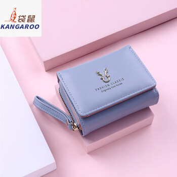 Kangaroo new women's wallet leather short antler wallet mini zipper coin purse cartoon tri-fold buckle card holder women's blue