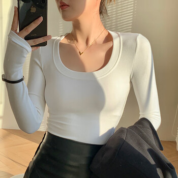 Yu zhaolin u-neck bottoming shirt for women in autumn and winter, long-sleeved t-shirt that can be worn inside and outside, slim and slim, large neckline, right shoulder top
