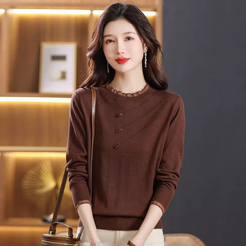 Siyujun thin bottoming sweater women's sweater 2025 autumn new style lace collar fashion loose sweater mom top brown color 2xl 130-140 jin