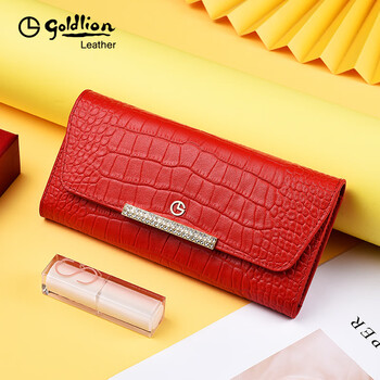 Goldlion goldlion wallet women's 2026 new long genuine leather fashion simple tri-fold clutch for mother women's handbag red