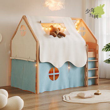 Teenager and tree children's high and low bed bedroom for boys and girls, upper and lower half-height bed 1.2 meters solid wood double-decker small apartment single bed, cabin tent set, cotton canvas (77cm height under the bed) 1200mm*2000mm