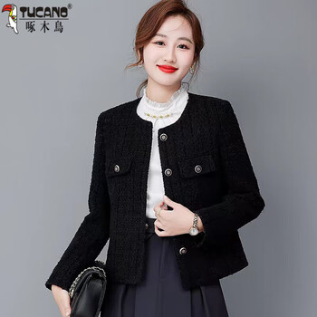 Woodpecker (tucano) women's short small fragrance jacket 2025 spring and autumn new high-end jacket slim fit mother small woolen black xl recommended 120-135 catties