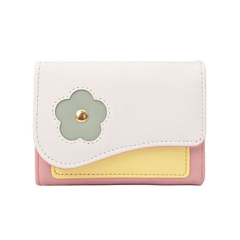 Tuzun korean version of cute wallet short style gentle flower yellow and blue color matching high-value student coin purse card holder all-in-one wallet white upgraded version