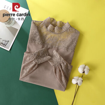 Pierre cardin french lace bottoming shirt for women, high-end long-sleeved, fashionable and unique top, design mesh splicing inner, khaki color (high quality 1826#) 2xl, suitable for people weighing less than 135 pounds