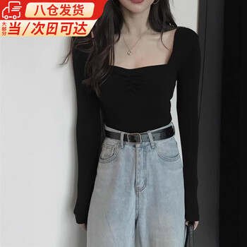 Lu shanwu french square-neck bottoming shirt, black long-sleeved spring and autumn thin top, tight-fitting, pure lust, western style inner t-shirt for women, square-neck bottoming shirt, black l, recommended 101-120 pounds