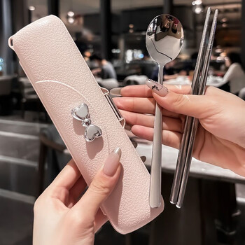 Magic bean shenghuo chopsticks and spoons set portable tableware food grade 304 stainless steel student ins high-looking forks, spoons and chopsticks storage box natural color spoons and chopsticks 2-piece set + light powder box