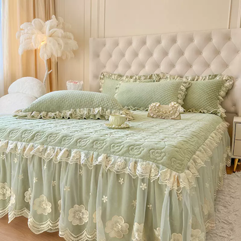 Yusen yi autumn and winter french lace milk velvet lace style bed skirt quilted thickened simmons farley velvet bed sheet three-piece set warm lime green (full matte milk velvet lace style) 1 piece milk velvet lace bed skirt single piece 180x220cm (skirt about 45cm)