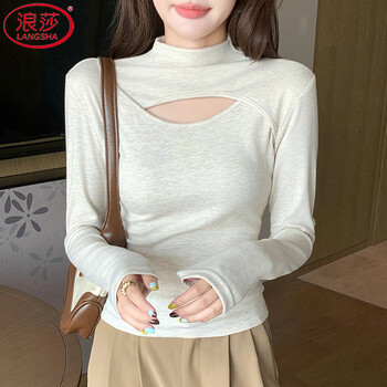 Langsha half turtleneck bottoming shirt for women, brushed inner wear, winter 2025 new style, high-end hollow long-sleeved t-shirt, pure desire top