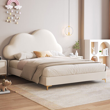 Cream wind cloud children's leather bed modern simple solid wood double bed boys and girls princess bed cartoon storage bed quality/children's bed color note/delivery to home 1200mm*2000mm frame structure