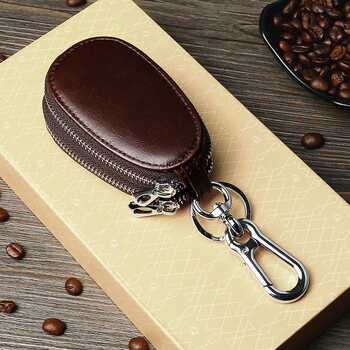 Retro first layer cowhide double layer car key bag double zipper multifunctional car keyless entry key bag brown oil wax leather