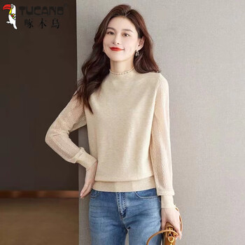 Woodpecker 2025 spring and autumn new bottoming shirt women's autumn and winter half turtle collar middle-aged style style lace thin knitted sweater beige m