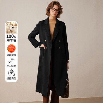 Bailuyu winter 100% sheep wool coat large lapel double-breasted long double-sided woolen coat for women black 1 s