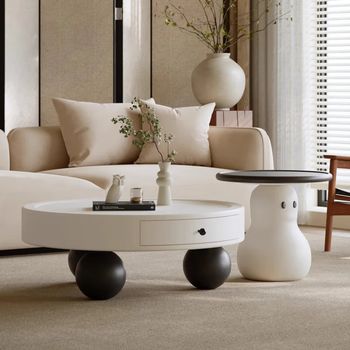 Qingzi yu cream style round coffee table combination designer creative lacquer italian minimalist living room home small apartment storage 80+50 combination snowman coffee table