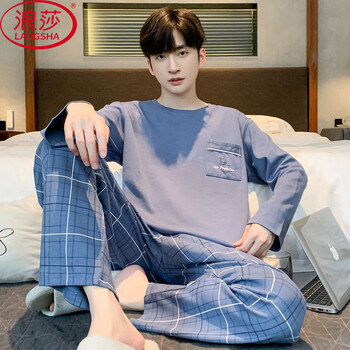 Langsha pure cotton men's pajamas autumn 2025 new round neck youth long-sleeved trousers plaid casual can be worn outside home clothes