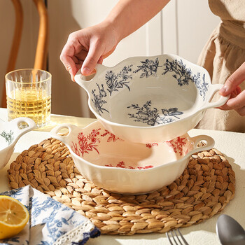 Sherry french underglaze color ceramic double-ear bowl household 7.5-inch soup bowl noodle bowl salad fruit bowl high-looking soup basin