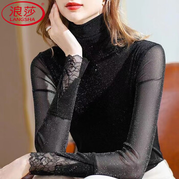 Langsha velvet european station mesh bottoming shirt autumn and winter french lace t-shirt 2025 new high-neck fashionable women's clothing black s 80-95