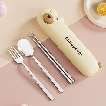 Kawashimaya chopsticks and spoon set for one person, portable tableware box for elementary school students, three-piece stainless steel tableware set for children, pink piggy portable tableware set, 2 pieces