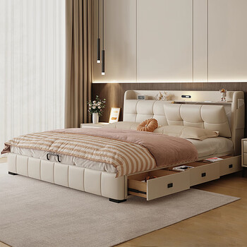 Jiangmu senge multifunctional storage children's bed boy modern simple 1.5 drawer soft-packed single bed 1.35 meters small apartment bed (luxury version) small yellow cowhide bed 1.2x2.0 air pressure with three drawers