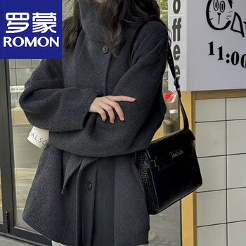 Romon wool coat, double-sided wool lace-up coat, korean version for small people, 2025 spring new stand-up collar coat, official flagship charcoal black wool coat m 120-150
