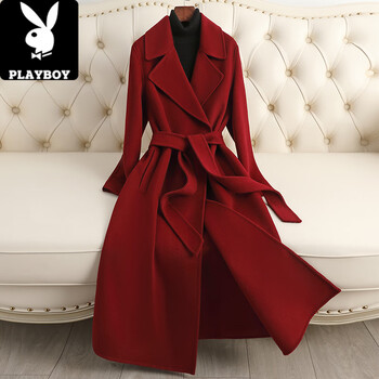 Playboy (playboy) double-sided cashmere coat women's mid-length 2025 autumn and winter new fashion over-the-knee high-end wool wool coat for women ancora red australian wool xl 118-128 jin