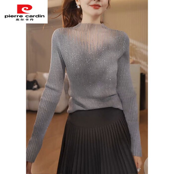 Pierre cardin organza slightly see-through hot-drilled half-turtle collar sweater women's autumn and winter 2025 new fashionable waist bottoming shirt trendy gray sweater s