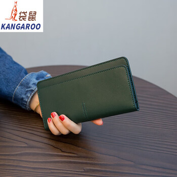 Kangaroo (kangaroo) simple ultra-thin long wallet women's genuine leather 2025 chinese valentine's day temperament buckle card slot soft cowhide wallet military green upgraded version comes with 12-bit card holder