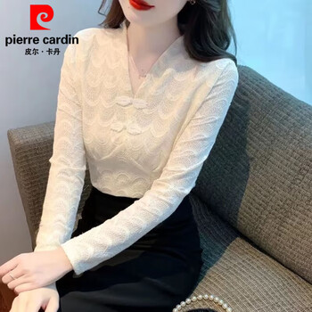 Pierre cardin v-neck long-sleeved velvet lace bottoming shirt for women spring and autumn 2025 new style inner style beautiful and unique top and small shirt, apricot s 80-95 catties