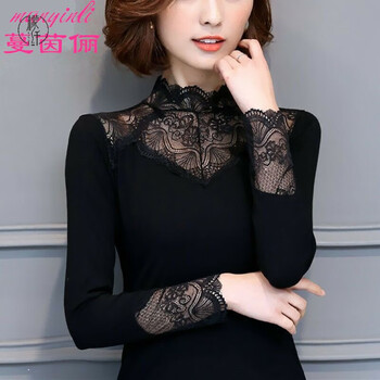 Lemon fiber lace bottoming shirt for women, fashionable and slim, black versatile mid-high collar, thin spring, autumn and winter singles, long sleeves, black without velvet, thin, style s (75-80 pounds)