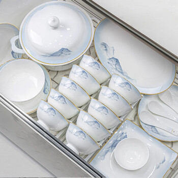 Yichen jingdezhen 2026 new high-looking landscape style tableware set household chinese bowl household tableware housewarming gift jingdezhen genuine with rich pot 49-piece set