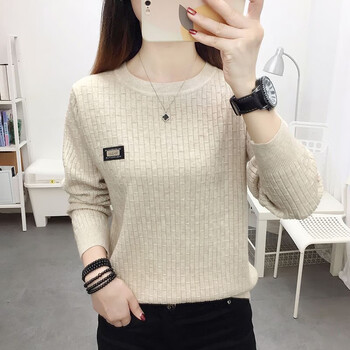 Shiyada bottoming shirt for women 2025 autumn new round neck pullover long-sleeved t-shirt loose slimming versatile textured top khaki 2xl recommended 120-135 catties