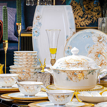 Croozer dish set household new light luxury jingdezhen bone china ceramic tableware set bowls and plates high-end housewarming gift gift with high-end brocade box - phnom penh glaze yingxue * 62 heads square luxury configuration