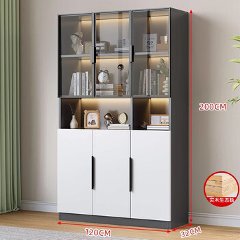 Jingzhilian solid wood bookcase with glass door dustproof light luxury wall storage cabinet hand-made display cabinet storage cabinet floor-standing bookshelf three doors gray 120*32*200 including installation