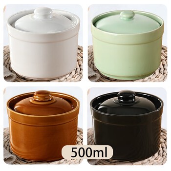 Fat donglai's same style small crockpot, 4 packs of ceramic stew pots, water-proof stew pots for household steamed vegetables, egg custard soup, stew pots with lids, large diameter thickened stew pots - white + green + brown + black (500ml) 4 pieces