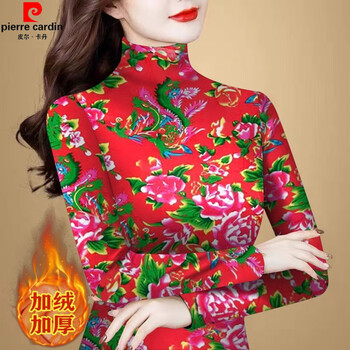 Pierre cardin velvet turtleneck bottoming shirt for women in autumn and winter new style northeast large flower thickened slim fit warm fashionable long sleeves northeast red flower m recommended 90-105 pounds