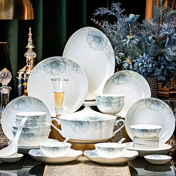 Guoyue jingdezhen bone china bowl set household tableware complete modern simple bowl and dish set ceramic underglaze color housewarming ink dyed flower shadow 58-head practical gift box version