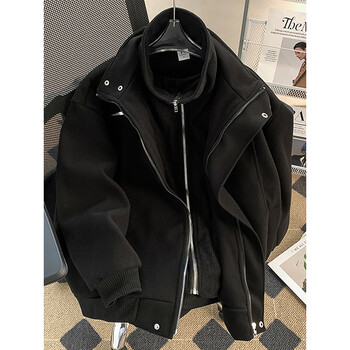 Poum men's joint fashion brand fake two-piece woolen jacket men's winter american workwear woolen jacket top cotton coat jacket wyxh-h457 black xl