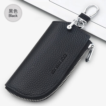 Ovankati new key bag genuine leather car key cover men's key bag women's mini key chain compact key bag black