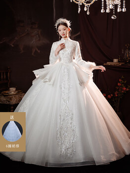 Rindu wedding dress bridal main wedding dress 2025 high-end winter main wedding dress 2025 new bridal french bow long-sleeved autumn floor-length wedding dress + three-piece set + 1.5 meter veil + gloves + bustle m m about 100 pounds