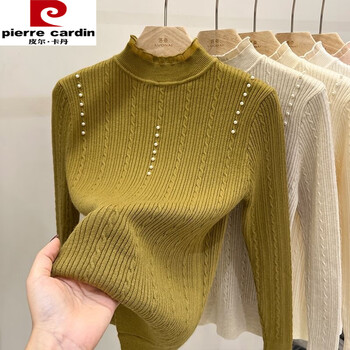 Pierre cardin half turtleneck sweater women's 2025 autumn and winter new style sweater lace top twist beaded inner basement pickle green beaded thick s recommended 85-95 catties