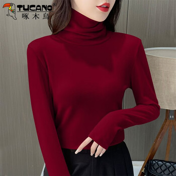 Woodpecker double-sided german velvet turtleneck warm thickened bottoming shirt for women in autumn and winter new style small versatile pile collar long-sleeved top burgundy high quality 2xl recommended 125-140 pounds