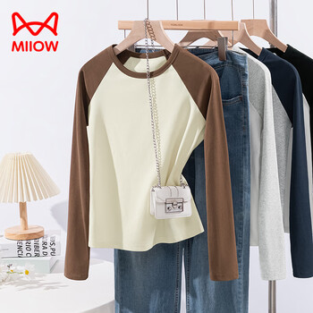 Catman long-sleeved t-shirt bottoming shirt for women 25 years new early autumn and winter round neck color-blocked raglan sleeves slimming top