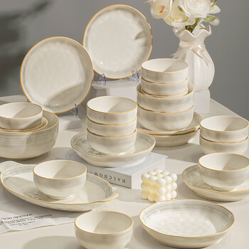 Mornenjoy underglaze color bowl and plate set household 2025 new high-value tableware simple ceramic rice bowls and chopsticks housewarming bowls 80% of users choose yue ruyan 10 people to eat free casserole 58 pieces