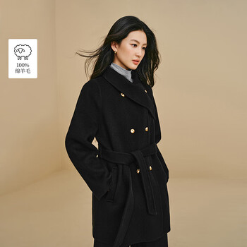 Inman pure sheep wool scarf collar double-sided woolen coat 2025 winter women's new woolen coat midnight black m